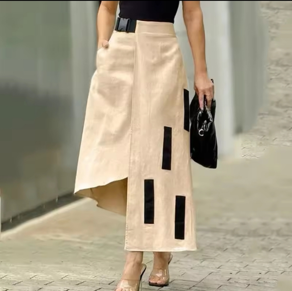New Spring Women Fashion Buckle HighWaist A-Line Skirts Loose Asymmetric Pocket - Picture 3 of 3